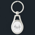 Porte-clés Monogramme et nom de la servante d'accueil personn<br><div class="desc">Cadeaux Bridesmaids personnalisées avec le nom de la femme d'honneur personnalisée en gris style de police de script classique et monogramme en gris clair style de police serif classique en arrière - plan avec titre et date de mariage en gris style de police serif classique sur arrière - plan blanc....</div>