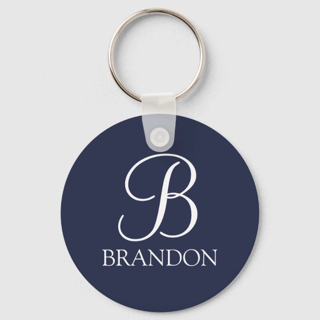 Porte-clés Monogramme et nom de script personnalisé bleu mari (Recto)