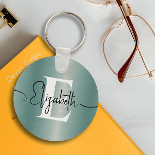 Porte-clés Monogramme et nom du script en métal brossé bleu-f