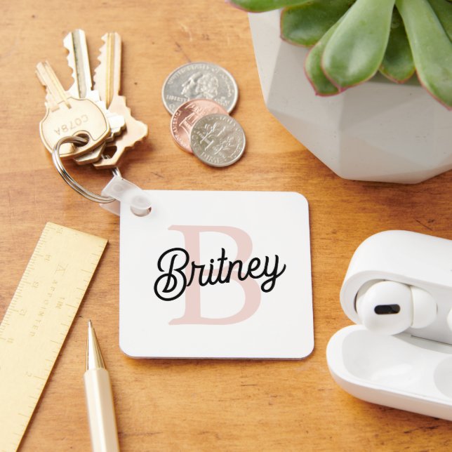 Porte-clés Monogramme et nom personnalisé moderne Pastel Pink (Bureau)