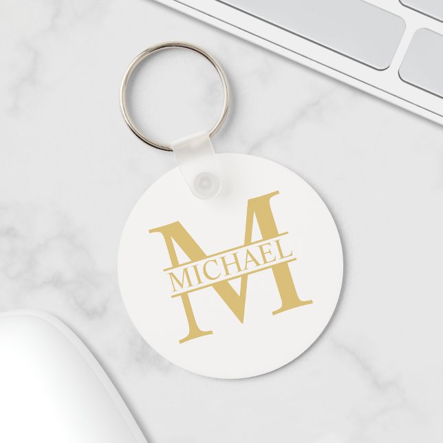 Porte-clés Monogramme et nom personnalisés blanc et or (Créateur téléchargé)