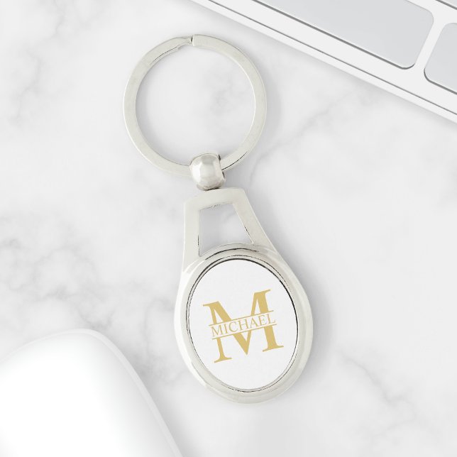 Porte-clés Monogramme et nom personnalisés blanc et or (Créateur téléchargé)