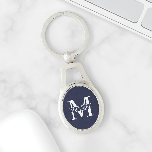 Porte-clés Monogramme et nom personnalisés bleu marine (Créateur téléchargé)