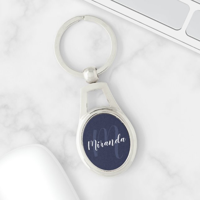 Porte-clés Monogramme et nom personnalisés de Navy Blue Scrip (Créateur téléchargé)