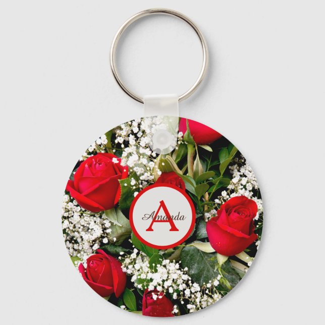 Porte-clés Monogramme et nom sur bouquet de roses rouges mode (Recto)