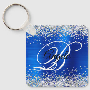 Porte-clés Monogramme fantaisie argent pailleté bleu royal