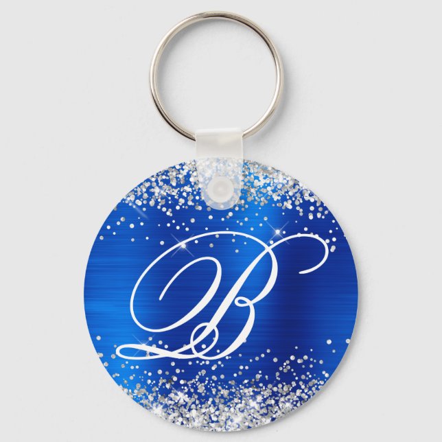 Porte-clés Monogramme fantaisie argent pailleté bleu royal (Recto)