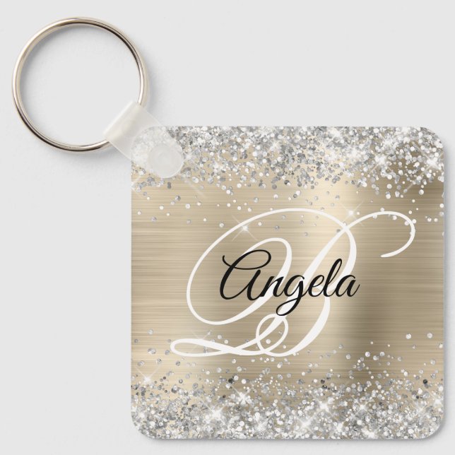 Porte-clés Monogramme fantaisie argent pailleté or feuille (Recto)