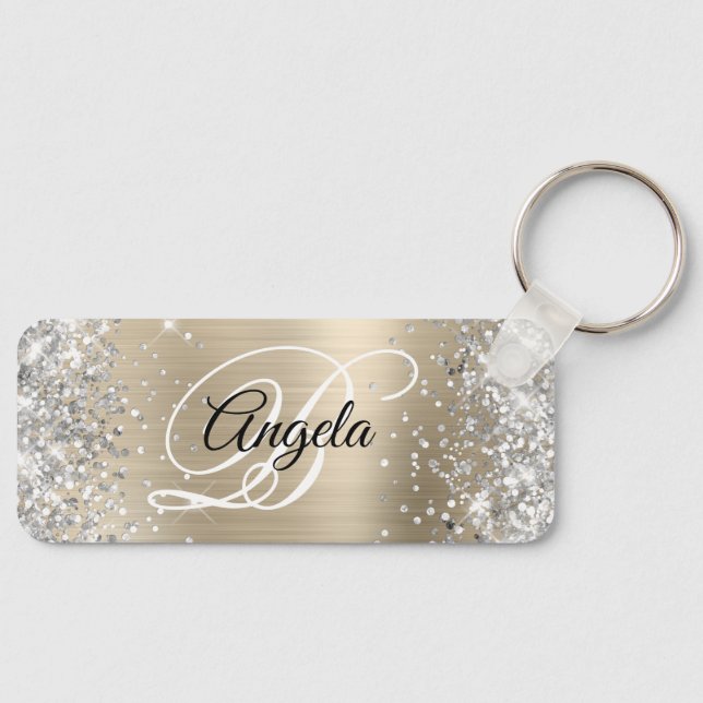 Porte-clés Monogramme fantaisie argent pailleté or feuille (Recto)