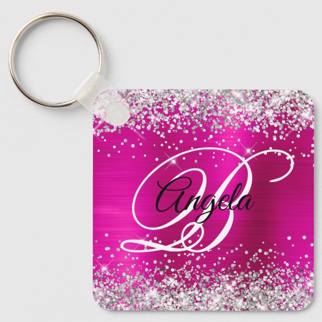 Porte-clés Monogramme fantaisie argenté pailleté rose chaud e (Recto)