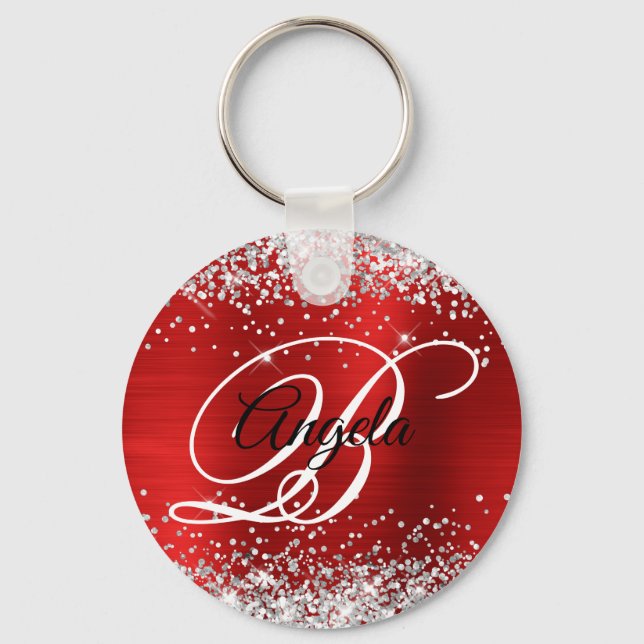 Porte-clés Monogramme fantaisie en feuille d'argent rouge (Recto)