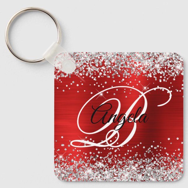 Porte-clés Monogramme fantaisie en feuille d'argent rouge (Recto)