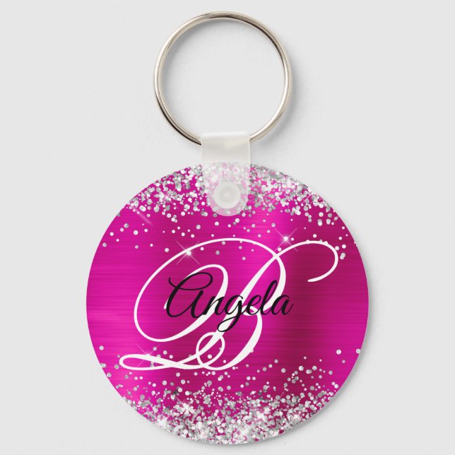 Porte-clés Monogramme fantaisie pailleté argent rose chaud (Recto)