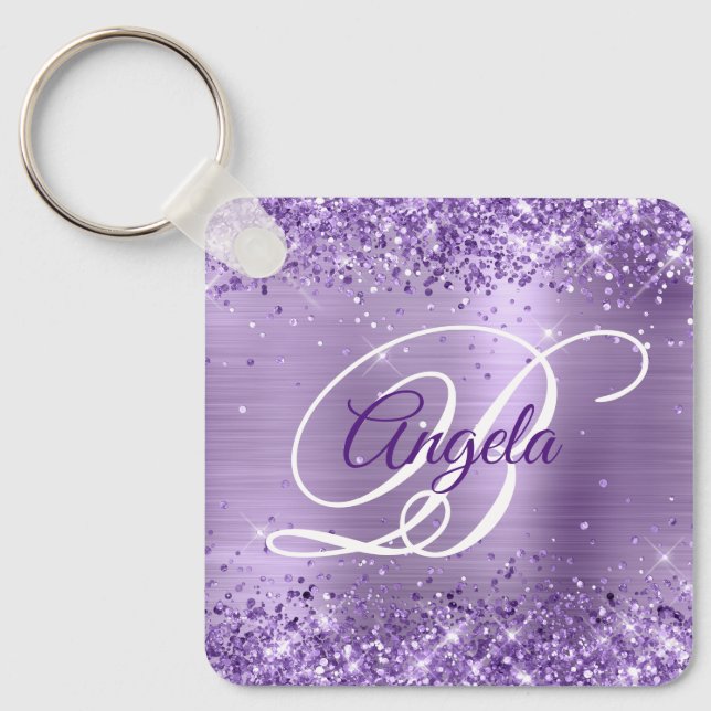 Porte-clés Monogramme fantaisie pailleté violet clair (Recto)