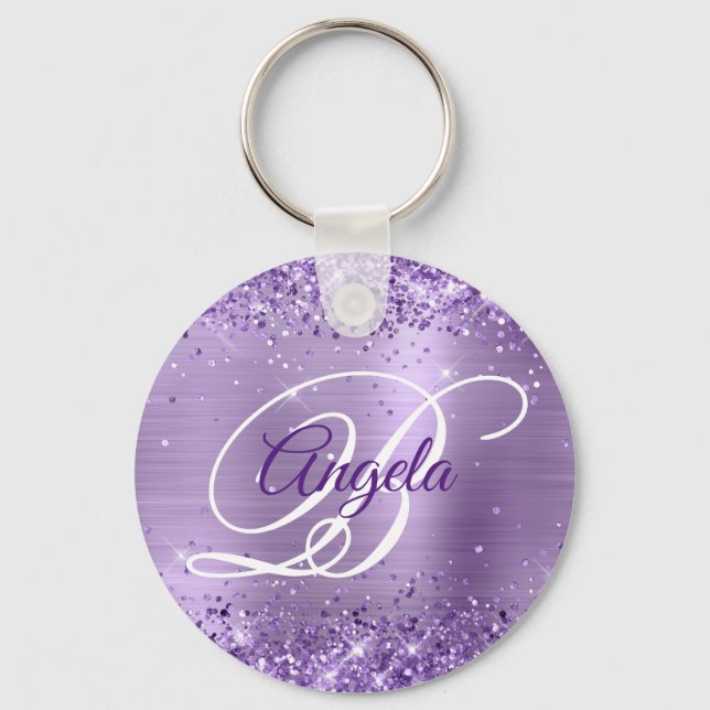 Porte-clés Monogramme fantaisie pailleté violet clair (Recto)