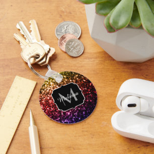 Porte-clés Monogramme faux paillettes jaune rouge violet arc-