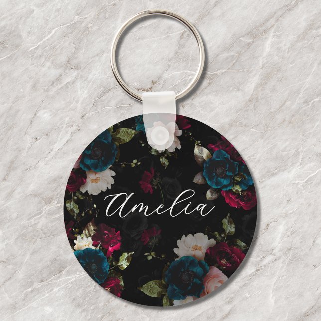 Porte-clés Monogramme Fleur Bloom Turquoise Rouge Foncé (Créateur téléchargé)