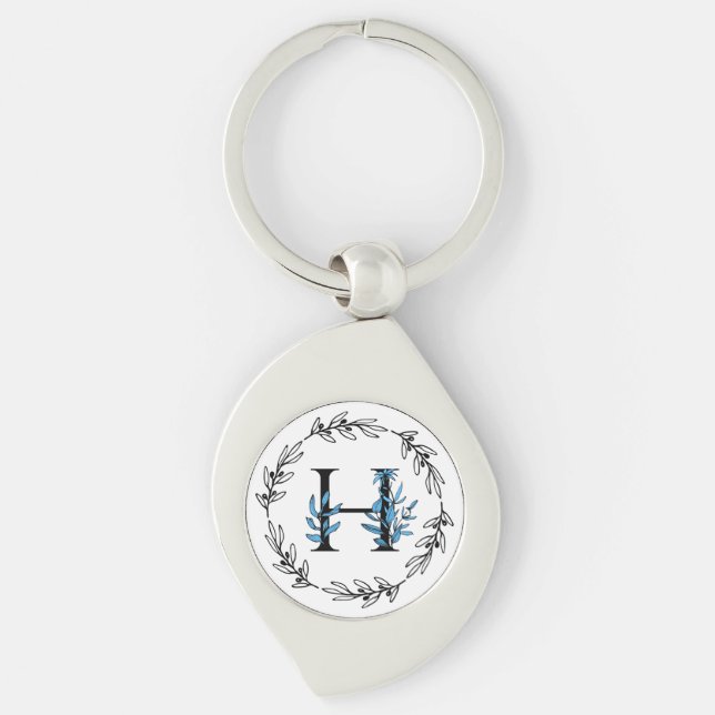 Porte-clés Monogramme Floral Bleu - Lettre H (Devant)