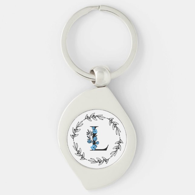 Porte-clés Monogramme Floral Bleu - Lettre L (Devant)