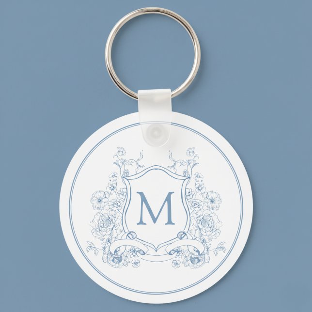 Porte-clés Monogramme floral bleu vintage (elegant coquette blue french toile monogram crest initial keychain)
