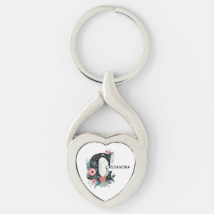 Porte-clés Monogramme floral botanique lettre C personnalisab