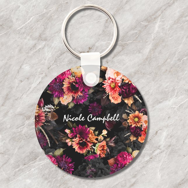 Porte-clés Monogramme floral élégant fuchsia orange (Créateur téléchargé)
