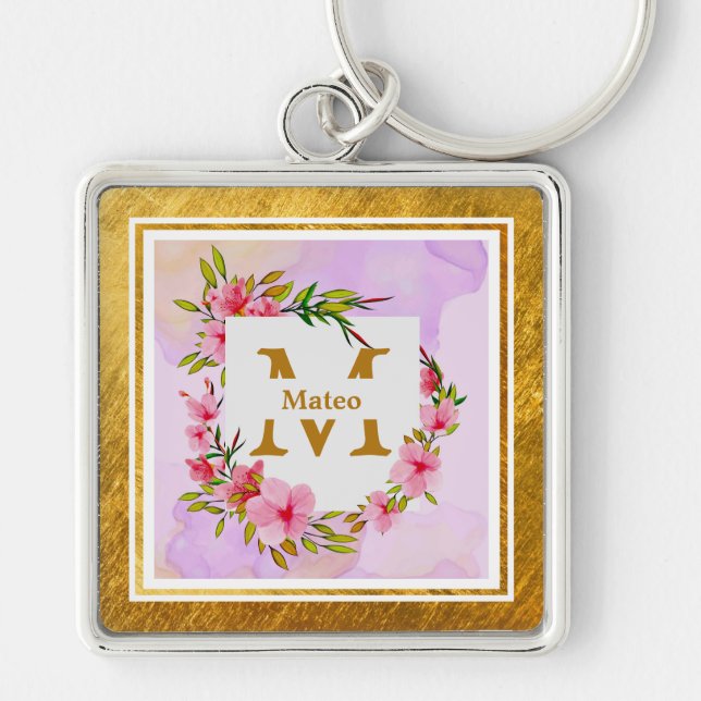 Porte-clés Monogramme floral élégant I Nom & Initiale (Devant)