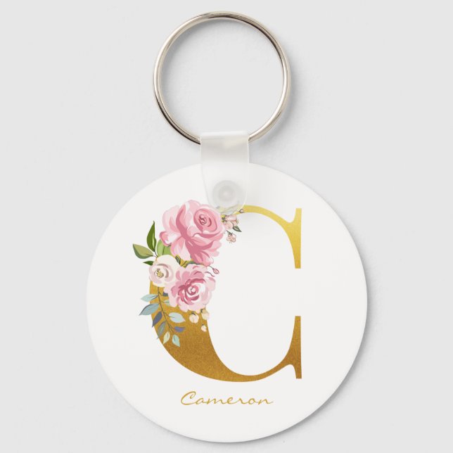 Porte-clés Monogramme floral faux or nom initial personnalise (Recto)