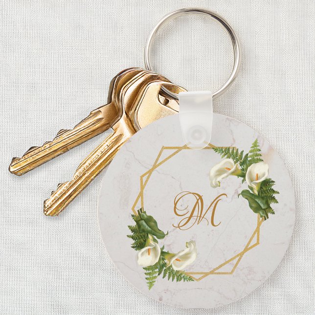 Porte-clés Monogramme Floral Marbre Or Calla Lilies Initiale (Créateur téléchargé)