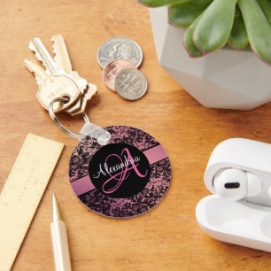 Porte-clés Monogramme floral noir et rose tendre