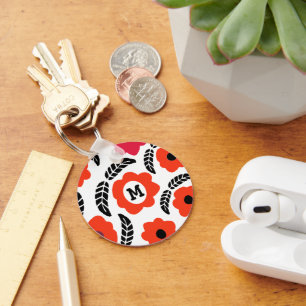 Porte-clés Monogramme floral orange et rouge moderne