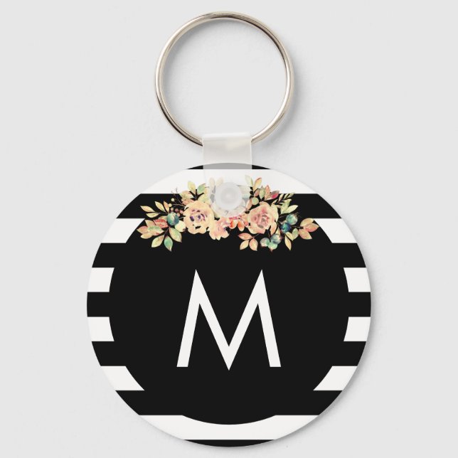 Porte-clés Monogramme floral rayé noir (Recto)