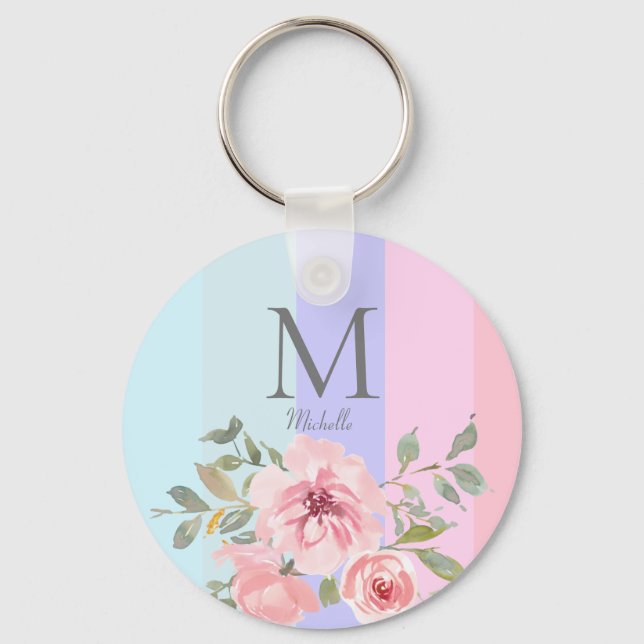 Porte-clés Monogramme floral rayé rose-rose (Recto)