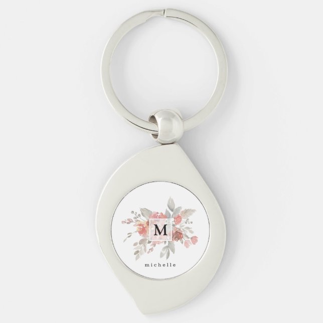 Porte-clés Monogramme floral rose pâle élégant (Devant)
