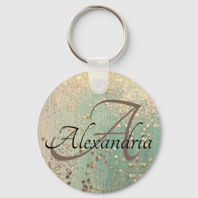 Porte-clés Monogramme Gold Stars sur Sea Green (Recto)