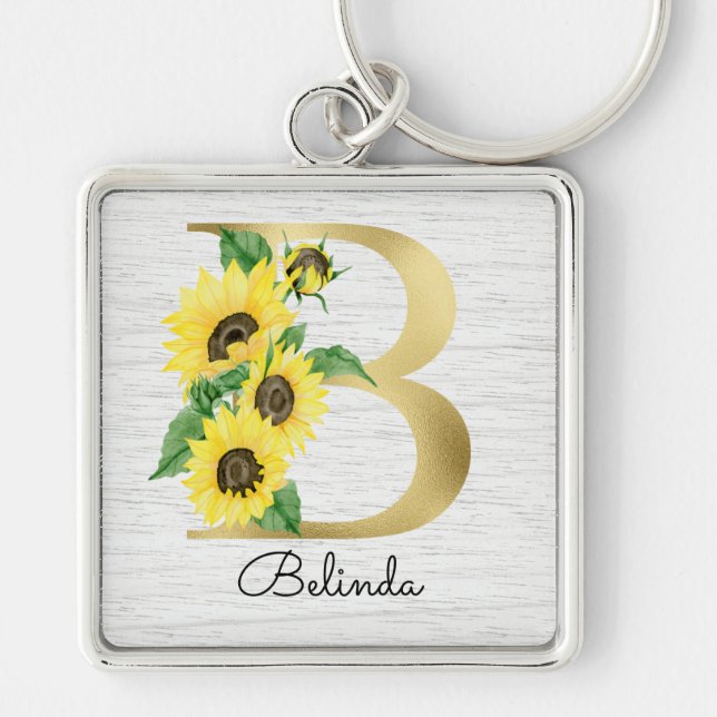 Porte-clés Monogramme Gold Sunflower Girl Floral initial B (Devant)