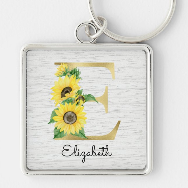 Porte-clés Monogramme Gold Sunflower Girl Floral Initial E (Devant)