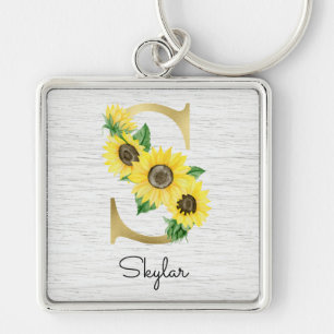 Porte-clés Monogramme Gold Sunflower Girl Floral Initial S
