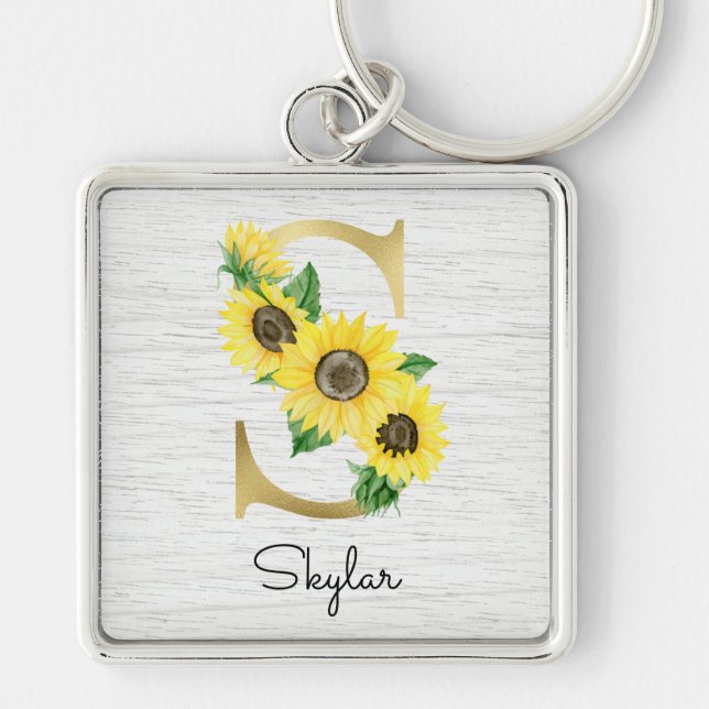 Porte-clés Monogramme Gold Sunflower Girl Floral Initial S (Devant)