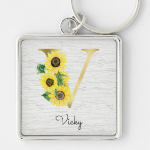 Porte-clés Monogramme Gold Sunflower Girl Floral Initial V