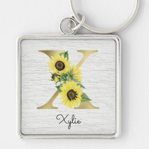 Porte-clés Monogramme Gold Sunflower Girl Floral Initial X