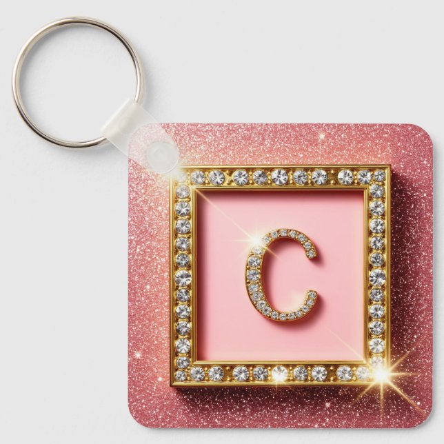 Porte-clés Monogramme initial C diamant pailleté rose cadre o (Recto)