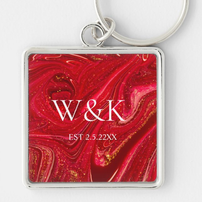 Porte-clés Monogramme initial de mariage couple rouge paillet (Devant)