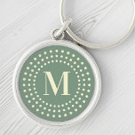 Porte-clés Monogramme initial de points radiaux rétro sauge v<br><div class="desc">Clavier avec votre premier monogramme à l'intérieur d'une bordure radiale rétro sur un arrière - plan vert sage.</div>
