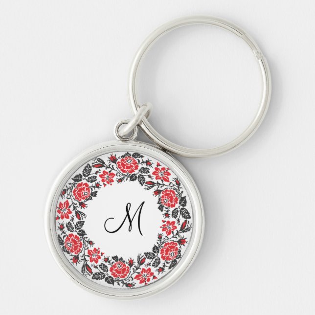 Porte-clés Monogramme initial des roses rouges à point croisé (Devant)