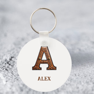 Porte-clés Monogramme Initial en Cuir Estampé Occidental A