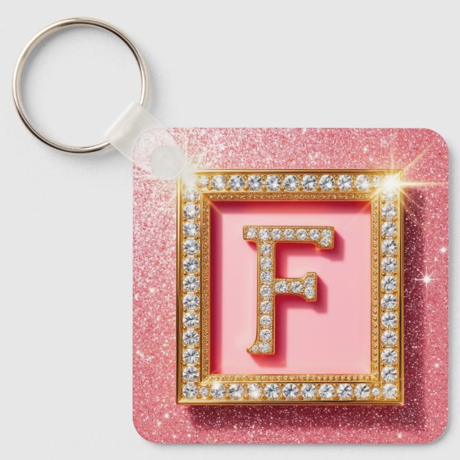 Porte-clés Monogramme initial F diamant pailleté rose cadre o (Recto)