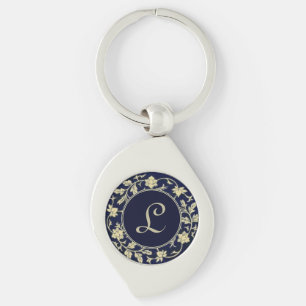 Porte-clés Monogramme Initial Floral Bleu Élégant Vintage