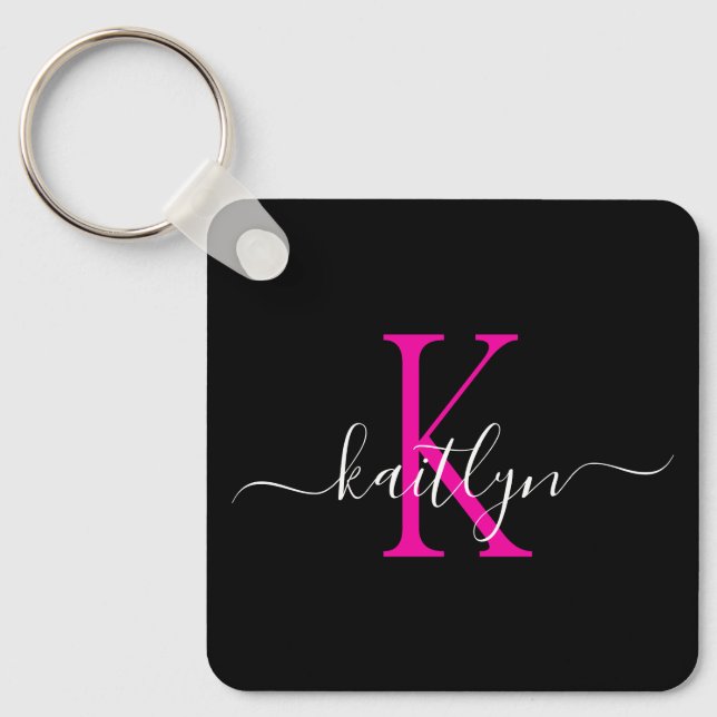 Porte-clés Monogramme Initial Nom Rose Chaud Noir (Recto)