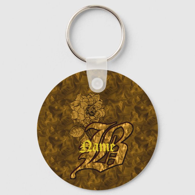Porte-clés Monogramme Initiale B Fleur de Pivoine en Or Perso (Recto)